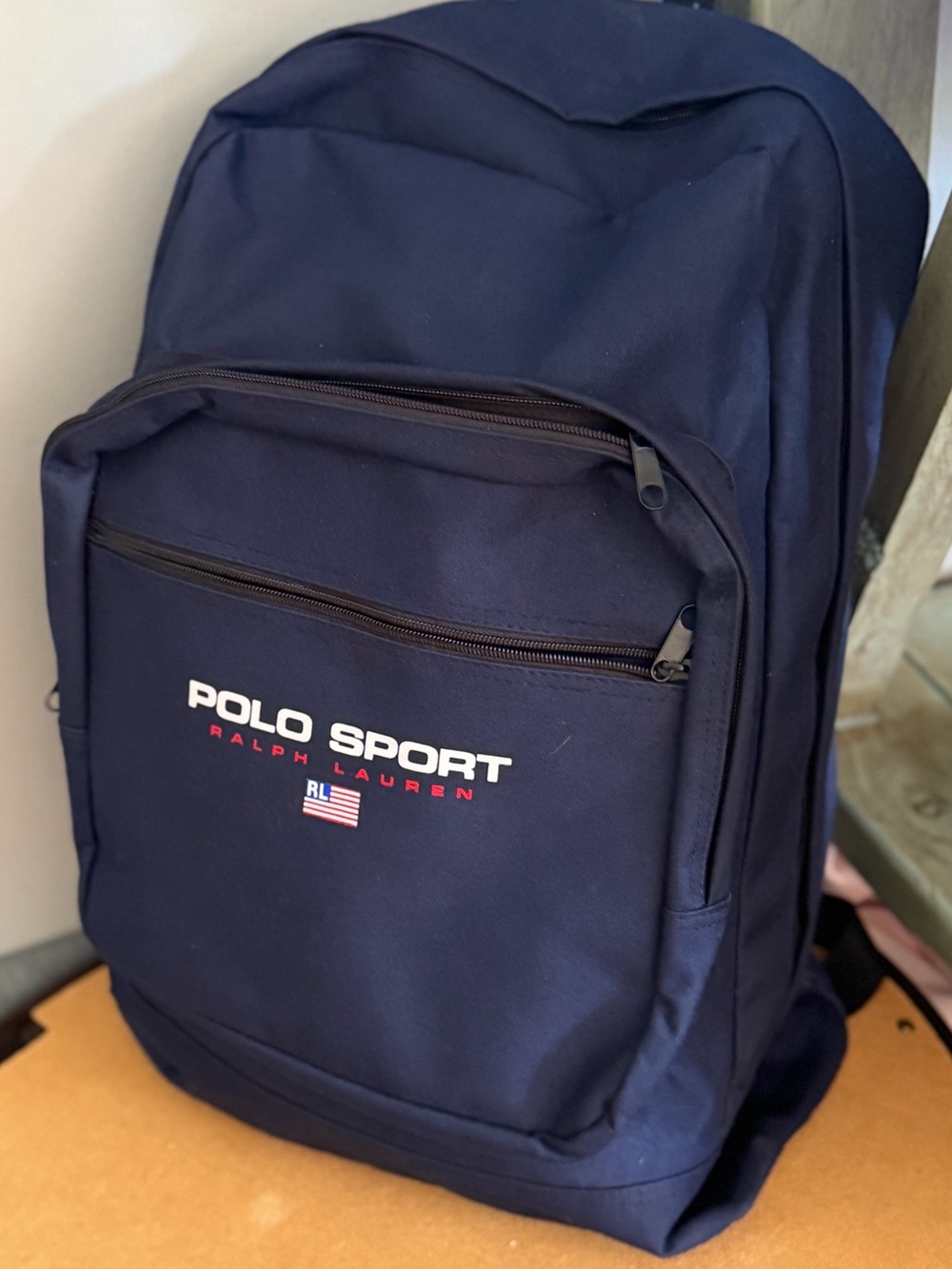 Vintage 90s Polo Sport Ralph Lauren Backpack Navy Blue Canvas USA Flag Logo Bag